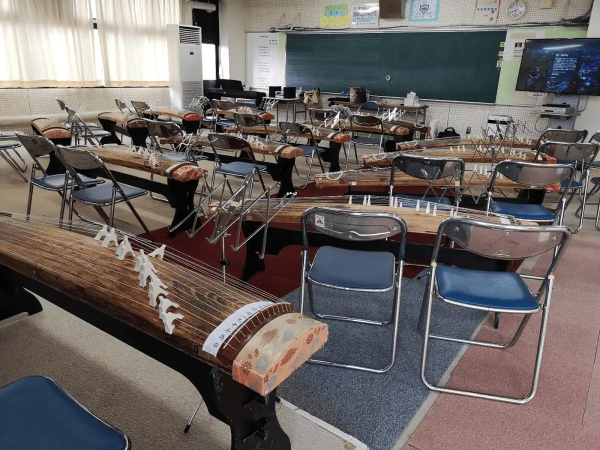 小学校中学校の音楽授業で箏授業をするために音楽室にお箏（琴）を並べた様子です。